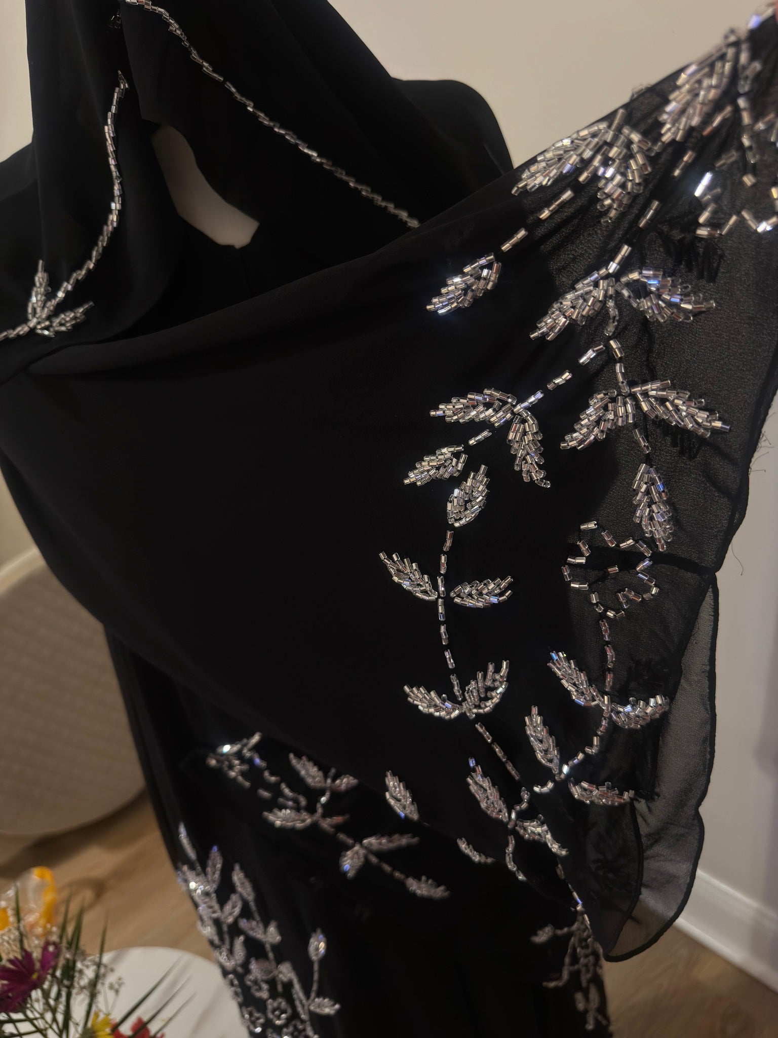 Midnight Silver Bloom Abaya